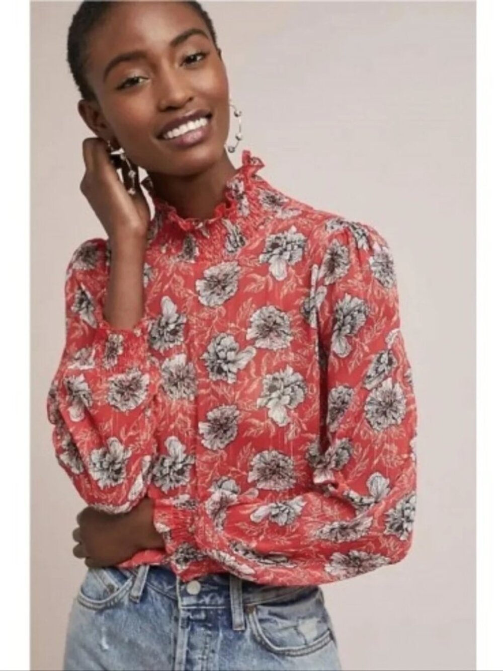 Anthropologie (Meadow Rue) - Innisfree Floral Blouse - Red, Sheer, Size 2